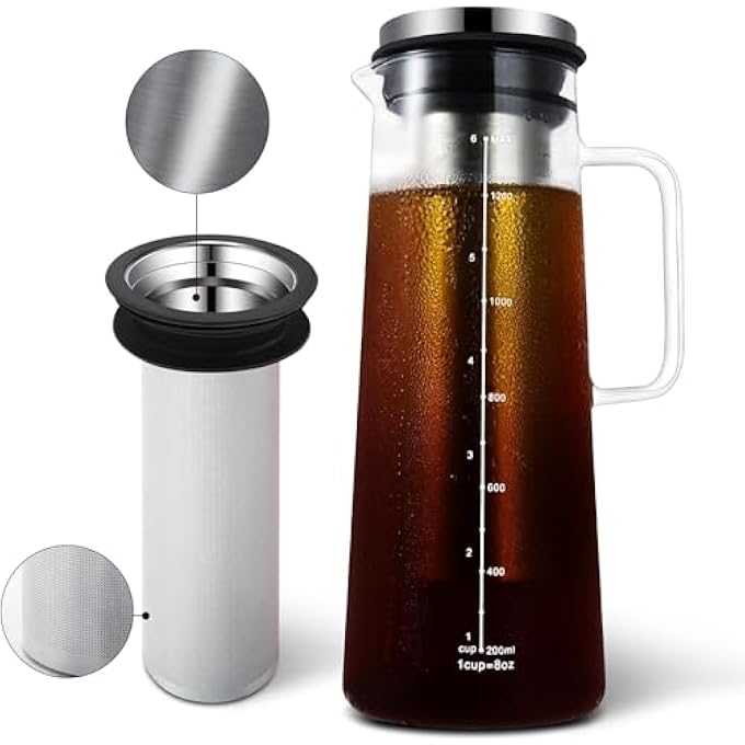 TAME Cold Brew Coffee Maker Glass Iced Coffee Maker With Super Dense Stainless Steel Filter  Lid Airtight Cold Brew Pitcher For CoffeeIce TeaFruit DrinksLemonade 46 Oz 1300Ml - Image 2