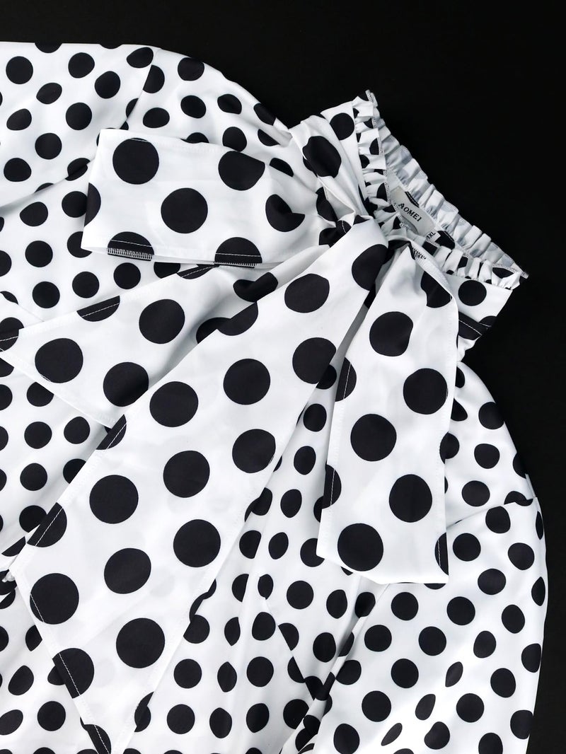 AOMEI Women's Bow Tied Neck Ruffle Trim Button Up Long Sleeve Workwear Shirts Blouse Black Polka Dot (White,Small) - Image 4