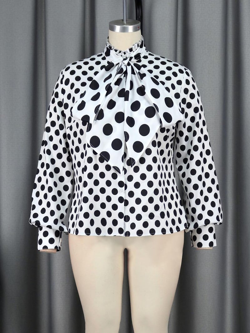 AOMEI Women's Bow Tied Neck Ruffle Trim Button Up Long Sleeve Workwear Shirts Blouse Black Polka Dot (White,Small) - Image 2