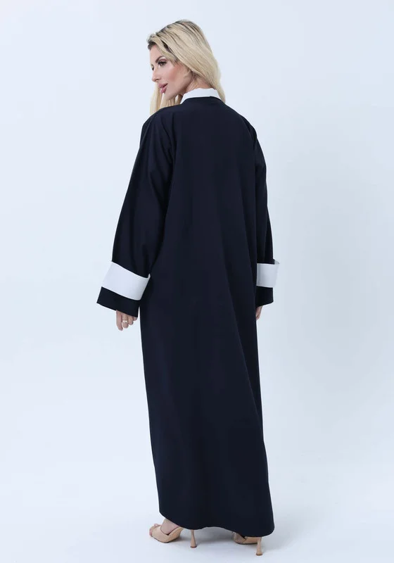 أم سكوير فاشن Navy & White Contrast Collar Professional Abaya with Headscarf