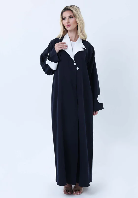 MSquare Fashion Navy & White Contrast Collar Professional Abaya with Headscarf