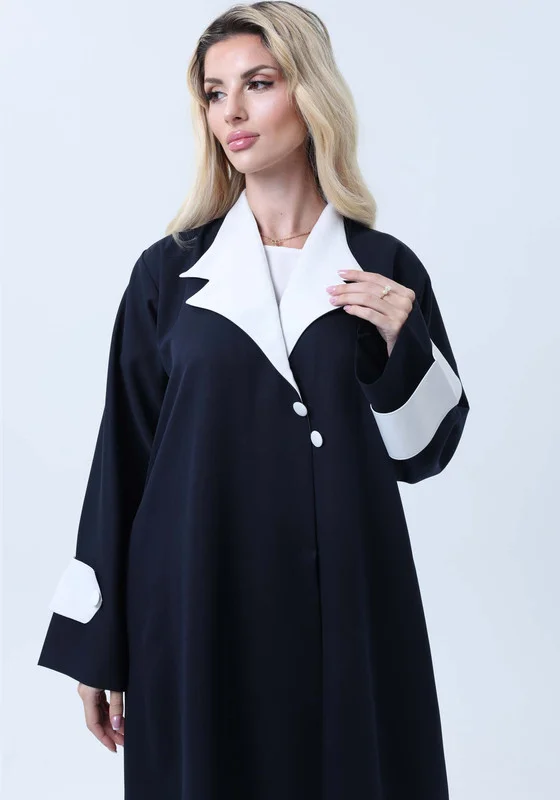 أم سكوير فاشن Navy & White Contrast Collar Professional Abaya with Headscarf