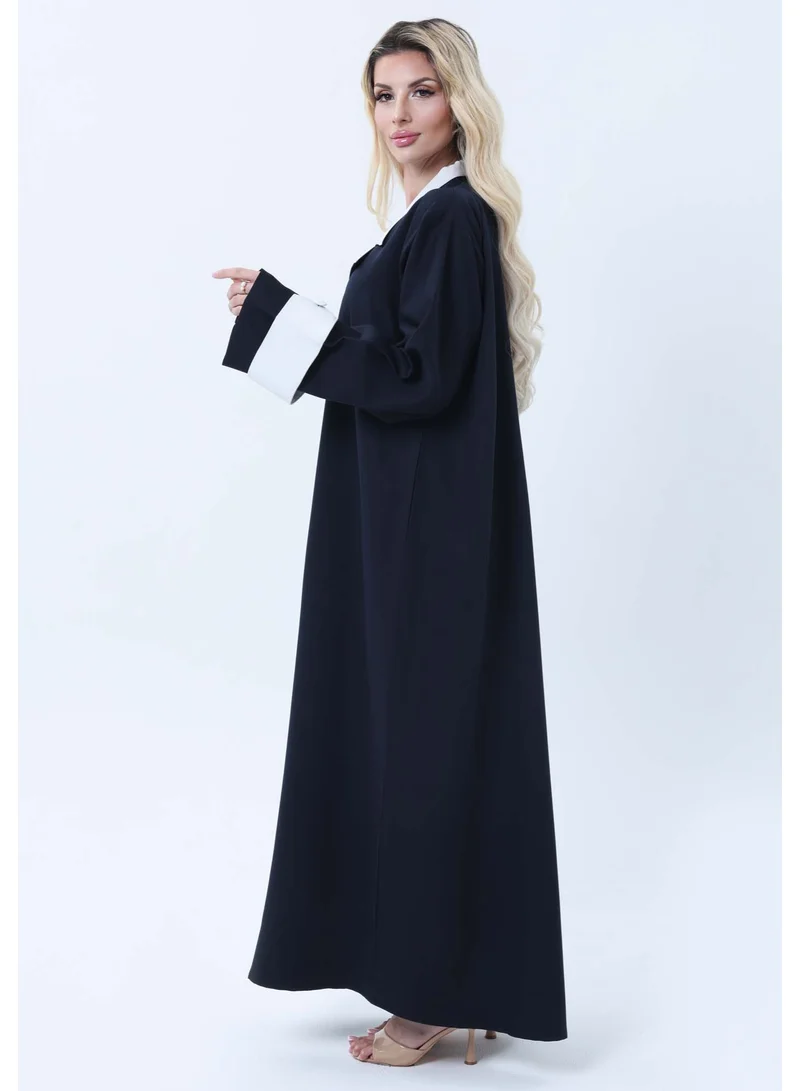 MSquare Fashion Navy & White Contrast Collar Professional Abaya with Headscarf