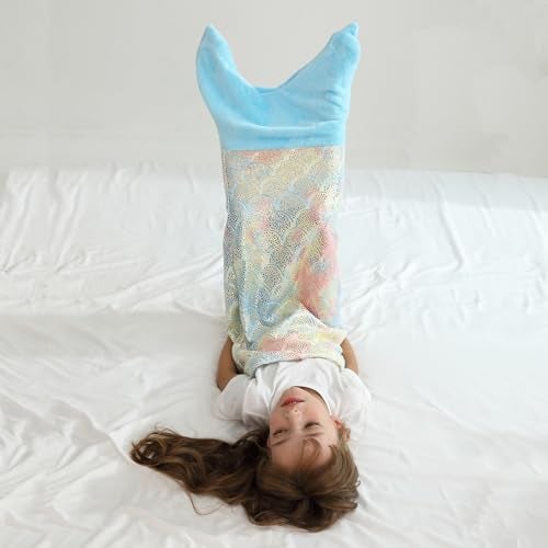 Softan Kids Mermaid Tail Blanket, Girls Toddlers Mermaid Toys, Little Mermaid Blanket with Rainbow Ombre Glittering Fish Scale Design, Gifts for Girls - 17" x 39" Plush Flannel Fleece - Image 4