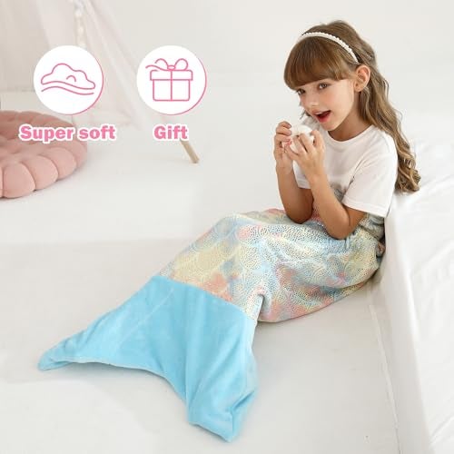 Softan Kids Mermaid Tail Blanket, Girls Toddlers Mermaid Toys, Little Mermaid Blanket with Rainbow Ombre Glittering Fish Scale Design, Gifts for Girls - 17" x 39" Plush Flannel Fleece - Image 3