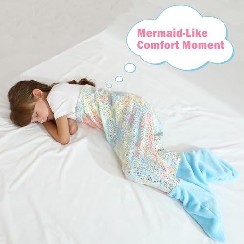 Softan Kids Mermaid Tail Blanket, Girls Toddlers Mermaid Toys, Little Mermaid Blanket with Rainbow Ombre Glittering Fish Scale Design, Gifts for Girls - 17" x 39" Plush Flannel Fleece - Image 5