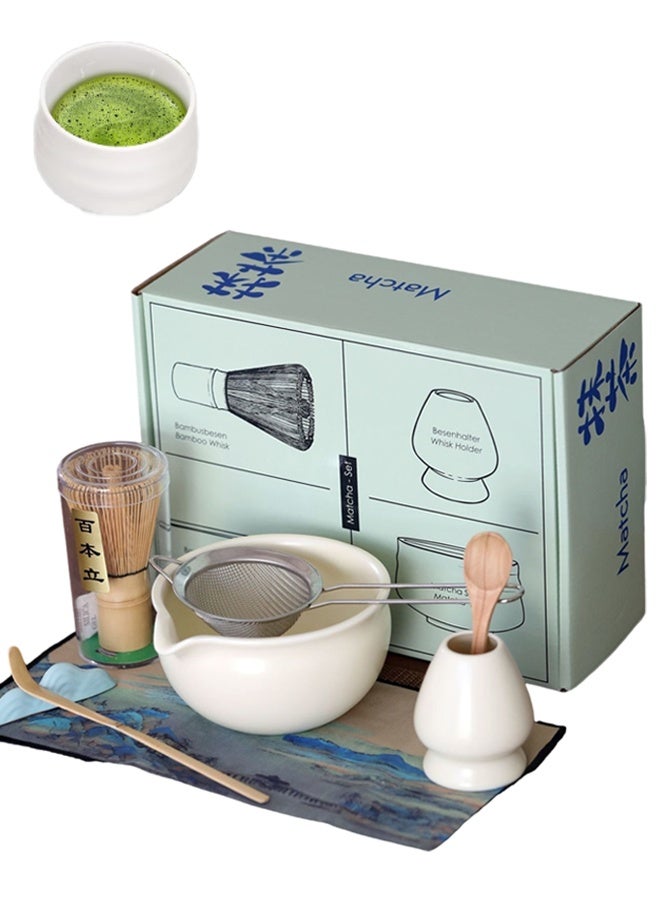 8 Piece Matcha Whisk Set, Matcha Bowl with Spout and Coaster, Matcha Whisk and Holder, Sifter, Scoop, Spoon - Complete White Ceramic Matcha Kit, Japanese Tea Tools For Ceremony Gift  - Image 1