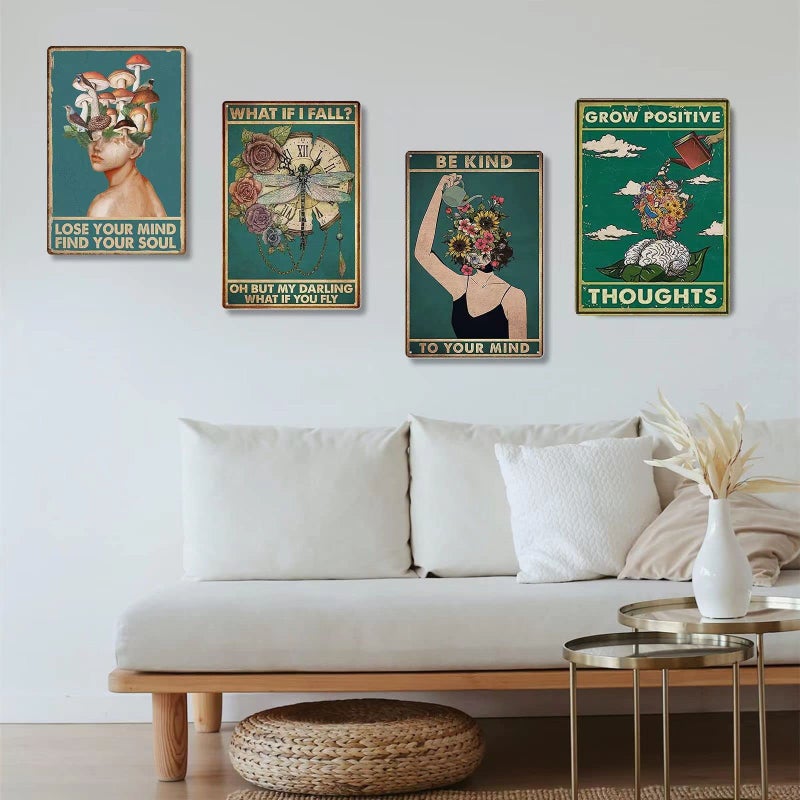 Fmcmly Grow Positive Thoughts Vintage Tin Signs Hippie Boho Wall Art Flower Head Girl Poster Boys' room decoration Home Kitchen Office Bedroom Classroom Cafes Bar Wall Decor 8x12 Inch - Image 3