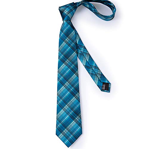 DiBanGu Plaid Ties for Men Silk Checkered Necktie and Pocket Square Cufflinks Tie Clip Set with Gift Box for Wedding Business, Teal - Image 5