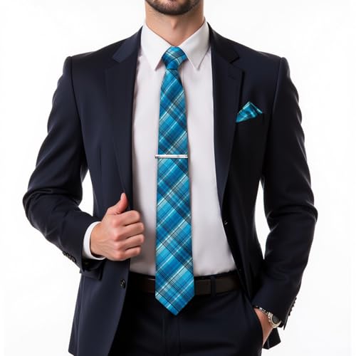 DiBanGu Plaid Ties for Men Silk Checkered Necktie and Pocket Square Cufflinks Tie Clip Set with Gift Box for Wedding Business, Teal - Image 2