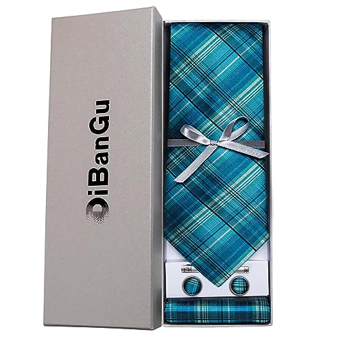 DiBanGu Plaid Ties for Men Silk Checkered Necktie and Pocket Square Cufflinks Tie Clip Set with Gift Box for Wedding Business, Teal - Image 4