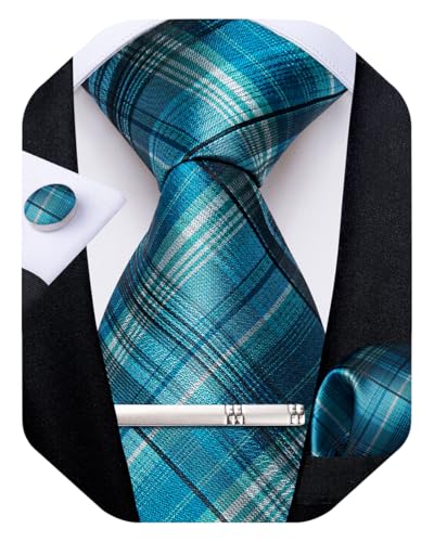 DiBanGu Plaid Ties for Men Silk Checkered Necktie and Pocket Square Cufflinks Tie Clip Set with Gift Box for Wedding Business, Teal - Image 1