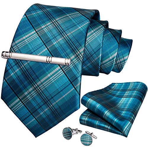 DiBanGu Plaid Ties for Men Silk Checkered Necktie and Pocket Square Cufflinks Tie Clip Set with Gift Box for Wedding Business, Teal - Image 3