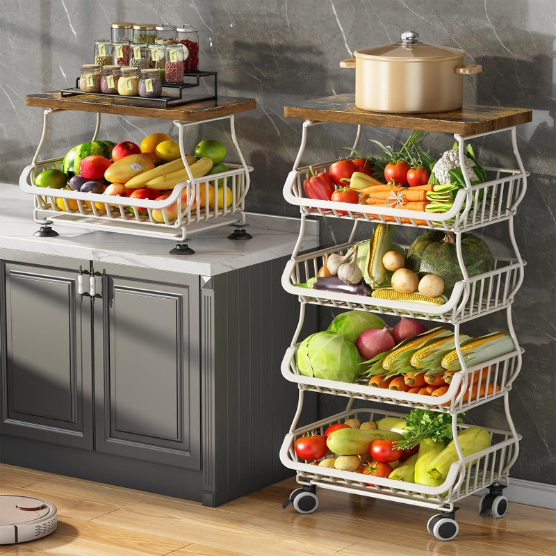 SAYZH Fruit Basket Kitchen Pantry Organizers and Storage - Wooden Top Table, Stackable Metal Wire Basket Stand Cart for Fruit Vegetable Snacks Onion Potato Organization (White, 5 Tiers) - Image 1