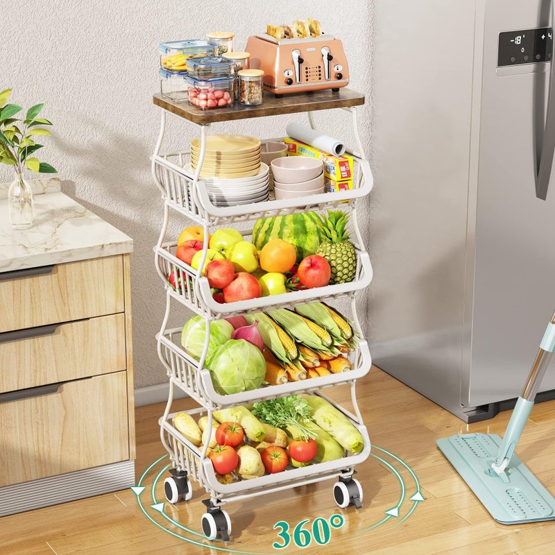 SAYZH Fruit Basket Kitchen Pantry Organizers and Storage - Wooden Top Table, Stackable Metal Wire Basket Stand Cart for Fruit Vegetable Snacks Onion Potato Organization (White, 5 Tiers) - Image 4