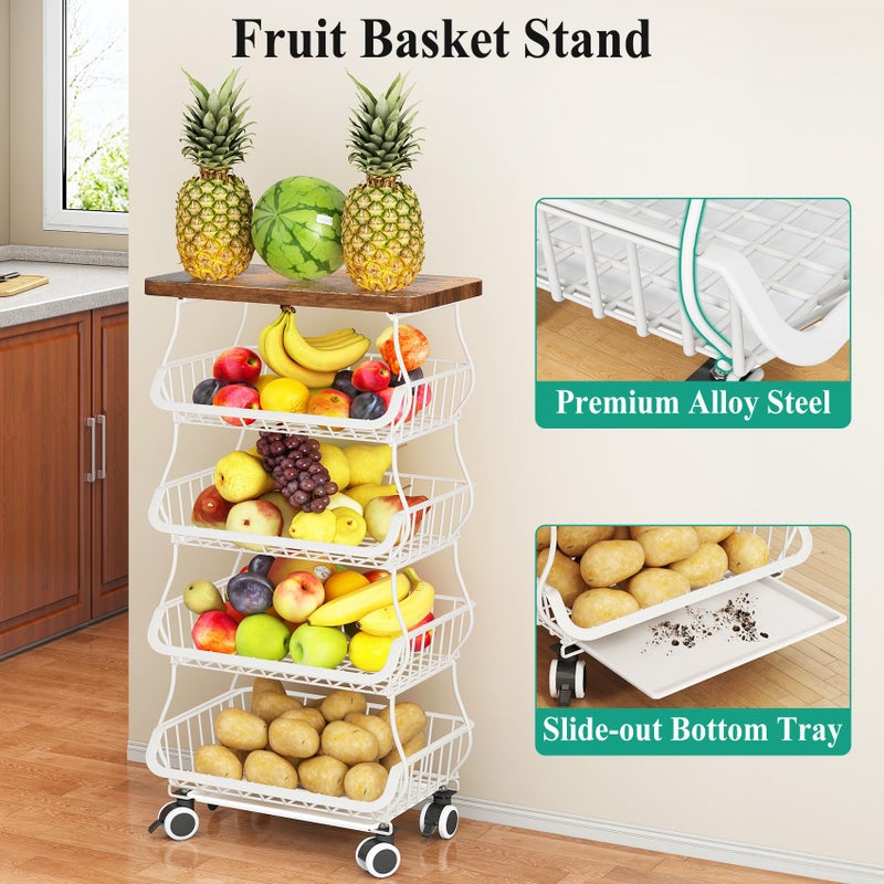 SAYZH Fruit Basket Kitchen Pantry Organizers and Storage - Wooden Top Table, Stackable Metal Wire Basket Stand Cart for Fruit Vegetable Snacks Onion Potato Organization (White, 5 Tiers) - Image 5