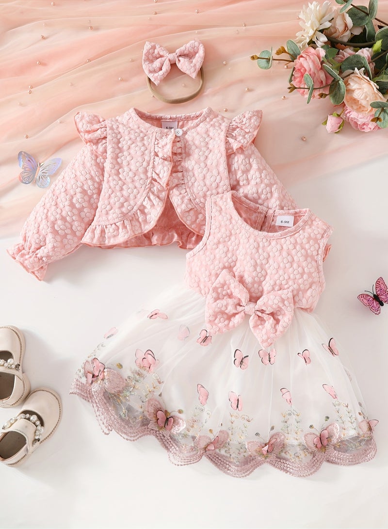 3-Piece Baby Girl Butterfly Outfit Set – Sleeveless Mesh Dress + Ruffled Top & Bow Hair Tie, Party Dress for Kids, Baby Gift Set – Pink Red, 3Y  - Image 1
