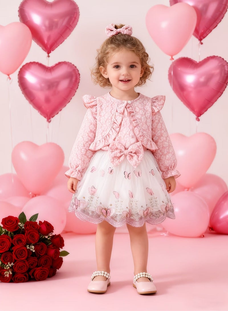 3-Piece Baby Girl Butterfly Outfit Set – Sleeveless Mesh Dress + Ruffled Top & Bow Hair Tie, Party Dress for Kids, Baby Gift Set – Pink Red, 3Y - Image 2
