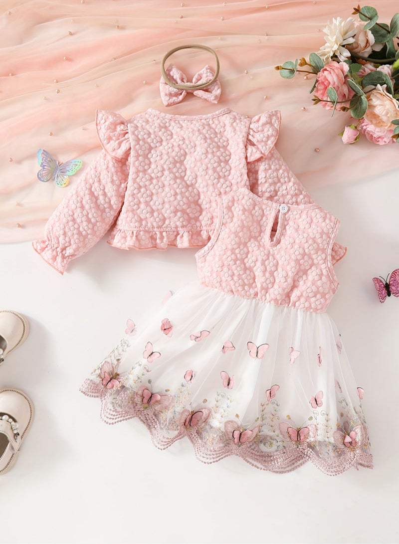 3-Piece Baby Girl Butterfly Outfit Set – Sleeveless Mesh Dress + Ruffled Top & Bow Hair Tie, Party Dress for Kids, Baby Gift Set – Pink Red, 3Y - Image 4