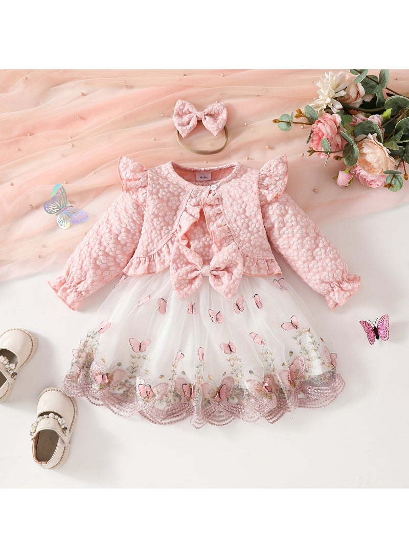 3-Piece Baby Girl Butterfly Outfit Set – Sleeveless Mesh Dress + Ruffled Top & Bow Hair Tie, Party Dress for Kids, Baby Gift Set – Pink Red, 3Y - Image 3