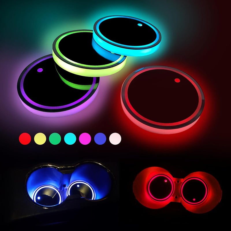 4pcs LED Car Cup Holders, Waterproof Cup Holder with 7 Colors Changing USB Charging Mat, LED Interior Atmosphere Lamp Decorations with 2pcs USB Cables for Car Truck Vehicle Accessories - Image 2
