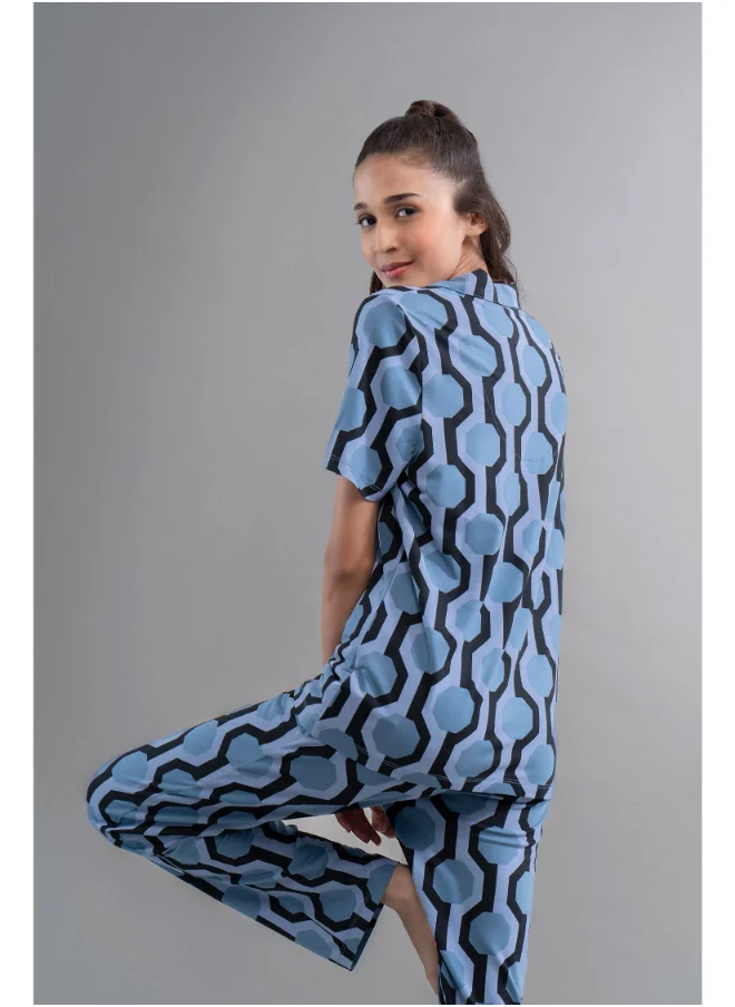 NeceSera Midnight Blue Geometric Modal Button down Half Sleeve Shirt