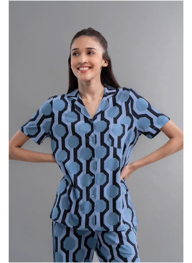 NeceSera Midnight Blue Geometric Modal Button down Half Sleeve Shirt