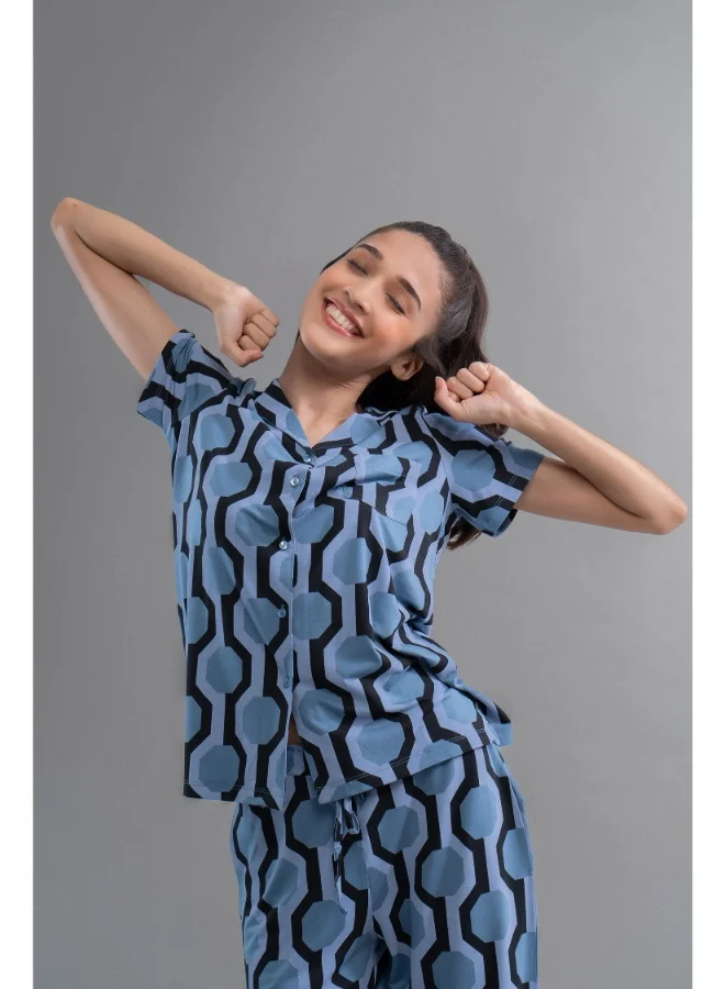 NeceSera Midnight Blue Geometric Modal Button Down Half Sleeve Shirt
