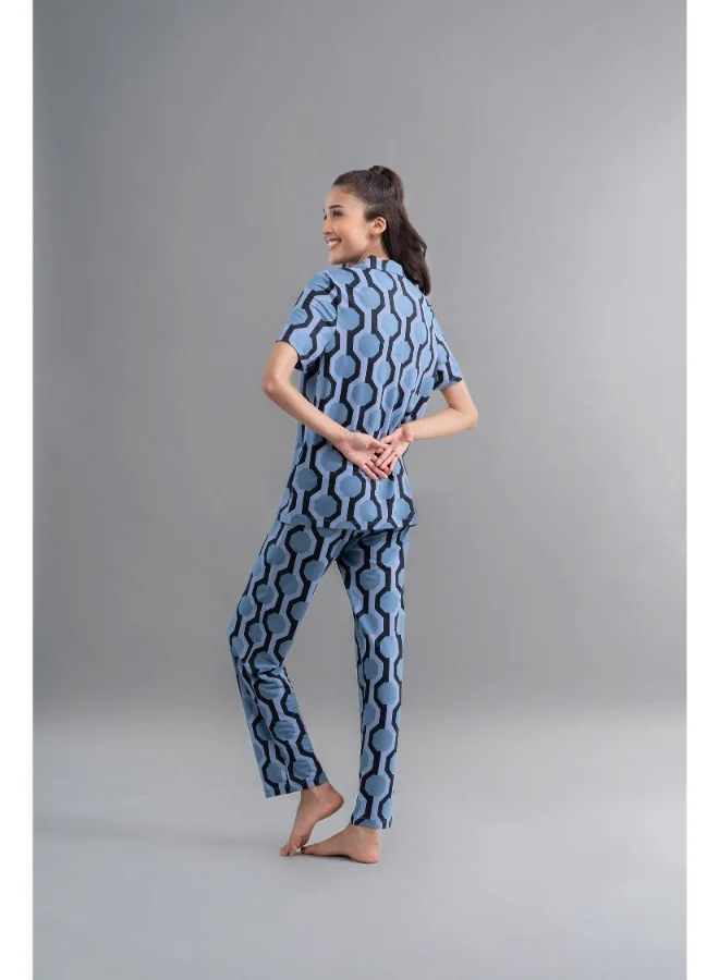 NeceSera Midnight Blue Geometric Modal Button Down Half Sleeve Shirt