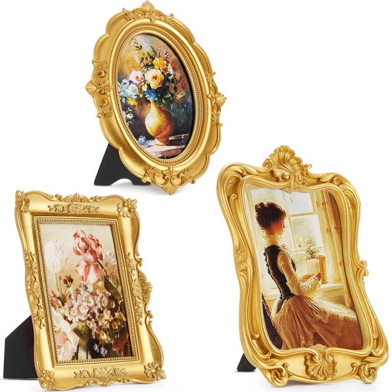 Qunclay 3 Pcs Vintage Resin Picture Frame 4 x 6,5 x 7 Inches Ornate Picture Frames Oval Rectangle Baroque Antique for Wall Hanging Home Wedding (Classic) - Image 1