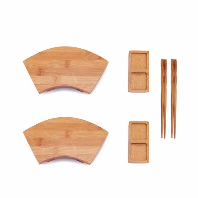 BambooMN Bamboo Sushi Plate/Tray, Chopsticks and Compartment Sauce Dish, 9" Fan - 2 Sets - Image 1