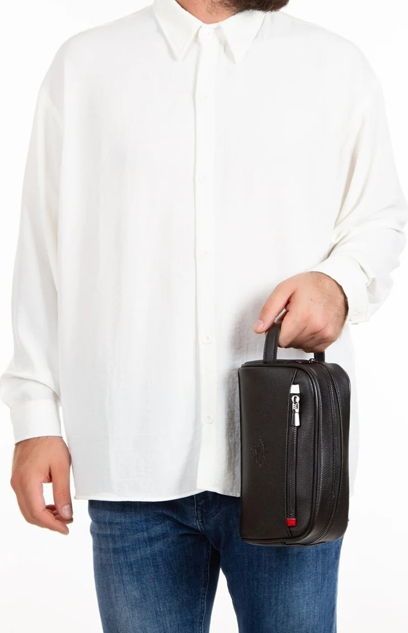 Adelina Bags Men's Black Leather Clutch Bag Travel Shaving Cosmetic Handbag