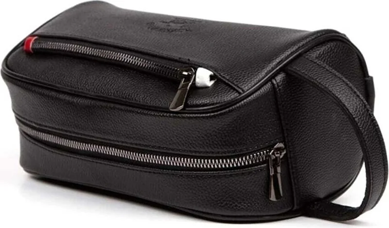 Adelina Bags Men's Black Leather Clutch Bag Travel Shaving Cosmetic Handbag