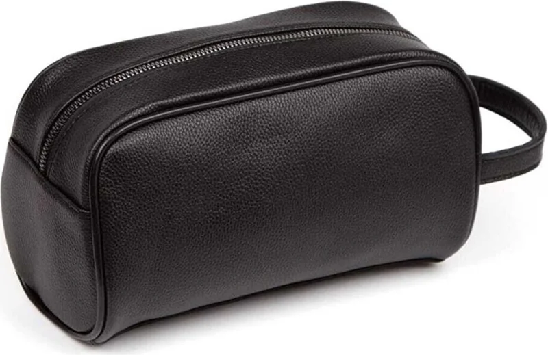 Adelina Bags Men's Black Leather Clutch Bag Travel Shaving Cosmetic Handbag