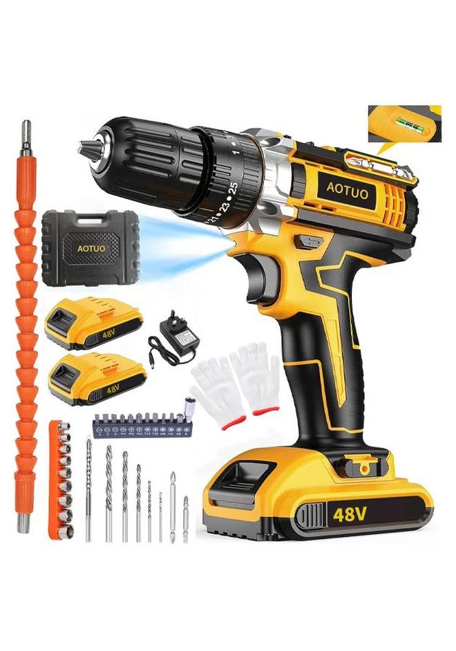 AOTUO 48V Cordless Drill, 3/8 Inch Power Drill Set with Lithium Ion Battery and Charger, Electric Drill with Variable Speed, 19 Positions and 24-Pieces Drill/Driver Accessories Kit - Image 1