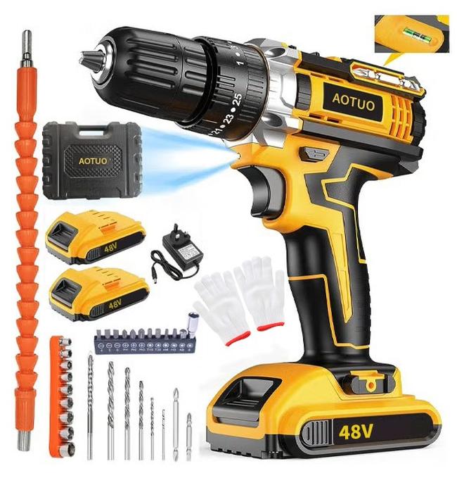 AOTUO 48V Cordless Drill, 3/8 Inch Power Drill Set with Lithium Ion Battery and Charger, Electric Drill with Variable Speed, 19 Positions and 24-Pieces Drill/Driver Accessories Kit - Image 1