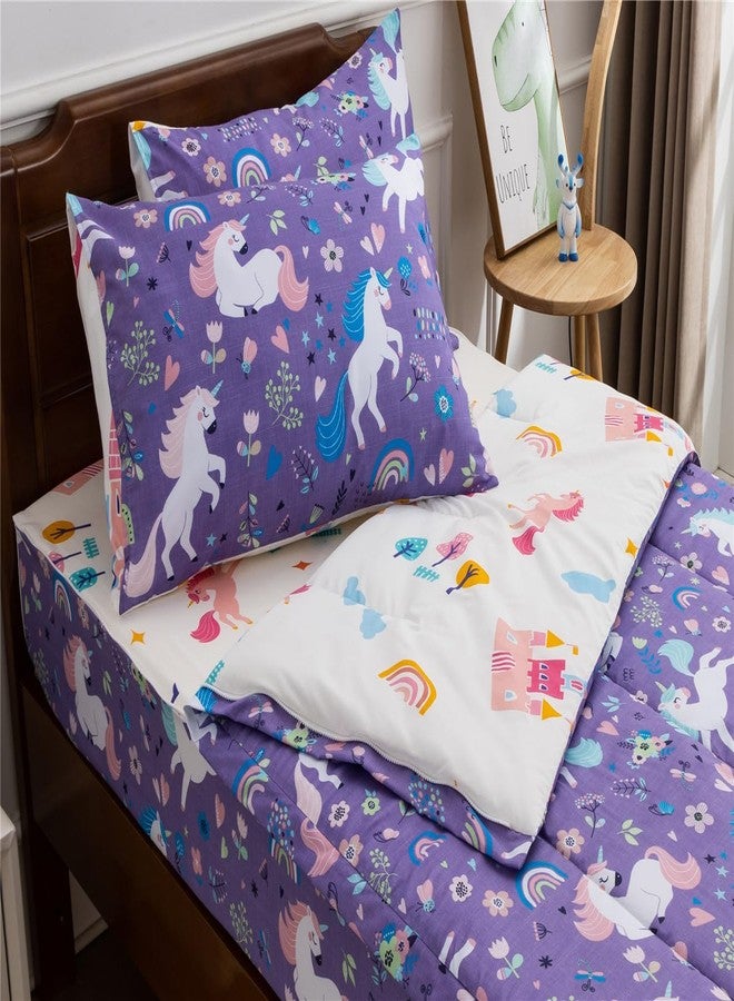 NTBED Unicorn Printed Zipper Bedding Sets Full Lightweight Microfiber Floral Comforter Sets with Fitted Sheet Pillow Covers,Purple - Image 1