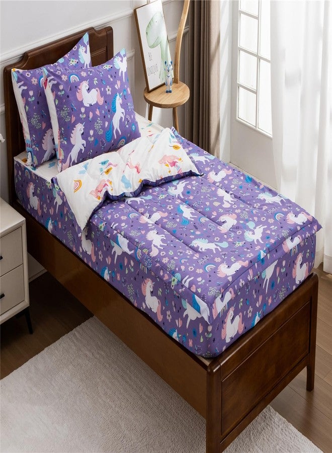 NTBED Unicorn Printed Zipper Bedding Sets Full Lightweight Microfiber Floral Comforter Sets with Fitted Sheet Pillow Covers,Purple - Image 3
