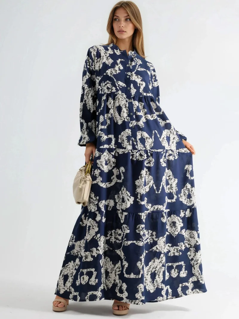 هيكاب V-Neck Patterned Maxi Dress with Buttons