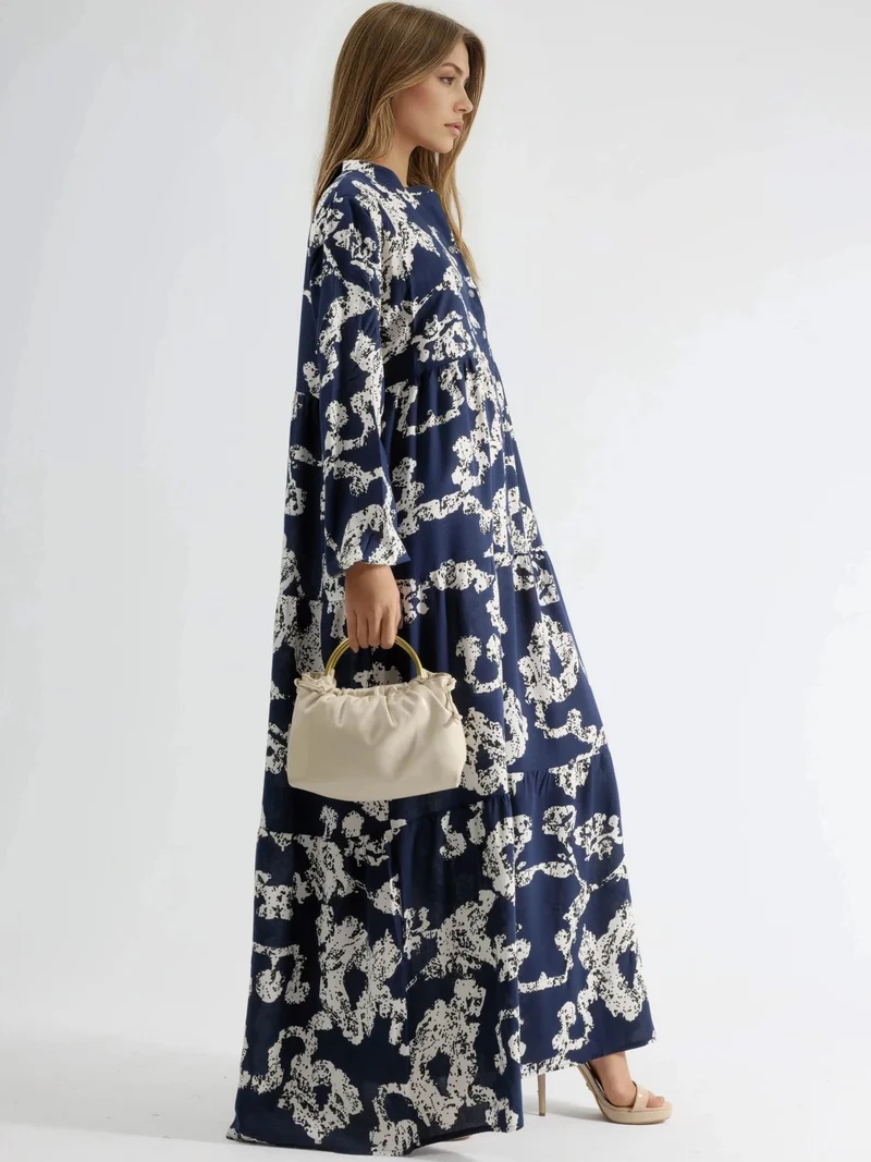 هيكاب V-Neck Patterned Maxi Dress with Buttons