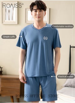 roaiss Men's 2 Piece Loungewear Set V-neck Short Sleeves & Shorts Modal Pajamas Loose & Comfortable Skin Friendly Fabric Soft & Versatile Design  - Image 4