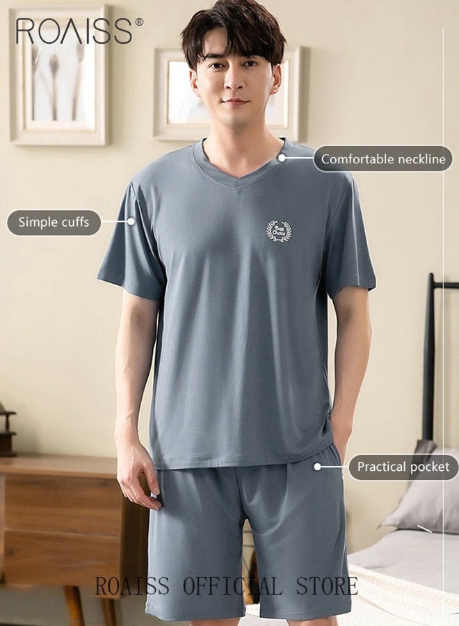 roaiss Men's 2 Piece Pajama Set Short Sleeves and Shorts Modal Pajamas Loose Comfortable Homewear Skin Friendly Fabric Loungewear Set Soft Versatile Design Blue  - Image 3