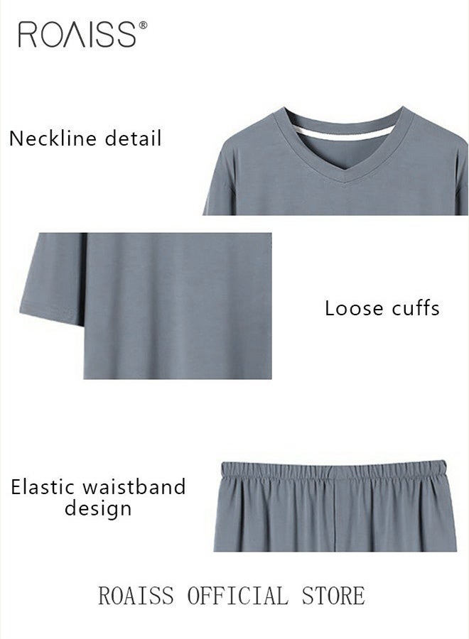 roaiss Men's 2 Piece Pajama Set Short Sleeves and Shorts Modal Pajamas Loose Comfortable Homewear Skin Friendly Fabric Loungewear Set Soft Versatile Design Blue  - Image 5