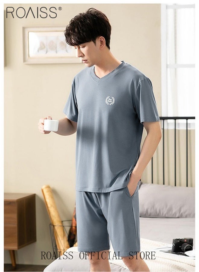 roaiss Men's 2 Piece Pajama Set Short Sleeves and Shorts Modal Pajamas Loose Comfortable Homewear Skin Friendly Fabric Loungewear Set Soft Versatile Design Blue  - Image 4