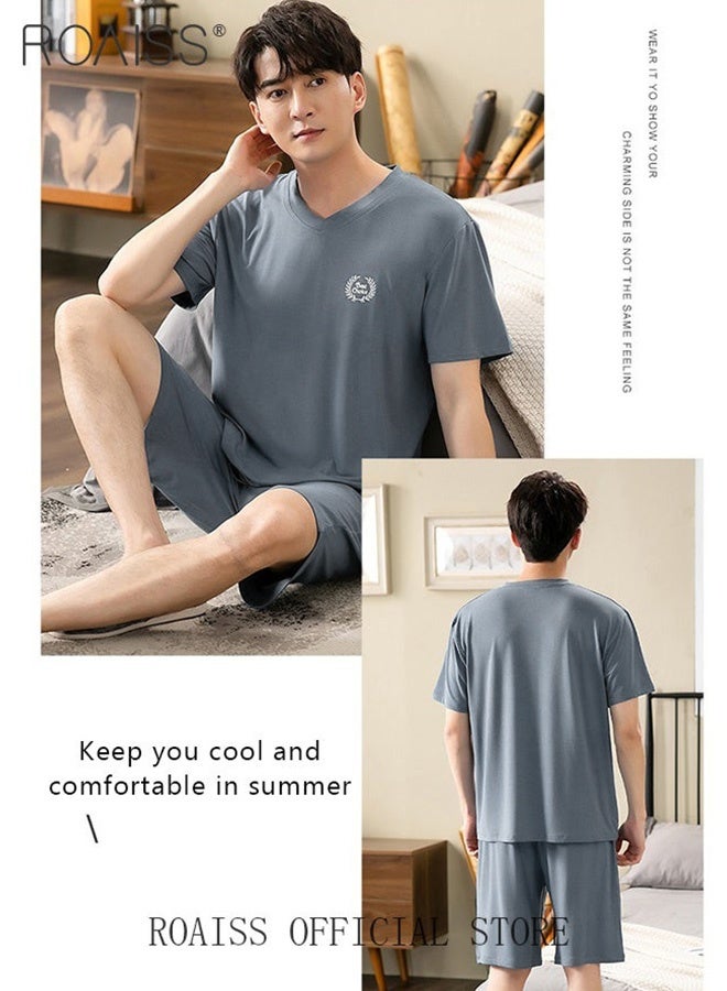 roaiss Men's 2 Piece Pajama Set Short Sleeves and Shorts Modal Pajamas Loose Comfortable Homewear Skin Friendly Fabric Loungewear Set Soft Versatile Design Blue  - Image 2