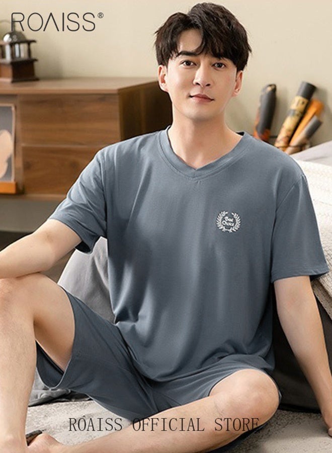 roaiss Men's 2 Piece Pajama Set Short Sleeves and Shorts Modal Pajamas Loose Comfortable Homewear Skin Friendly Fabric Loungewear Set Soft Versatile Design Blue  - Image 1