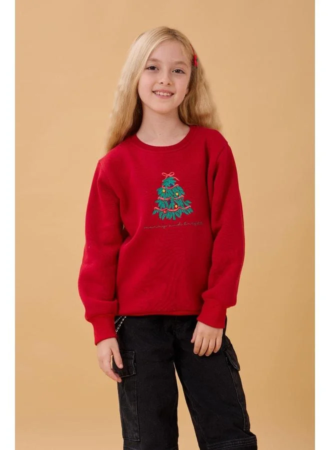 Perendi Girl's Bicycle Collar Embroidered Detailed Winter Sweatshirt – Red.
