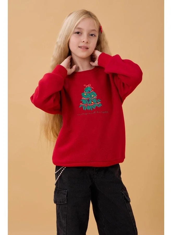 Perendi Girl's Bicycle Collar Embroidered Detailed Winter Sweatshirt – Red.