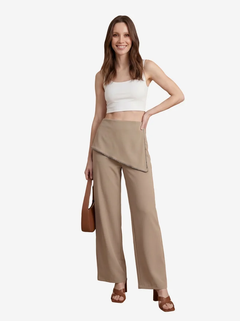 My Fashion Beige Natural MY FASHION High-Waist Wide-Leg Crepe Trousers for Women | Best Price UAE
