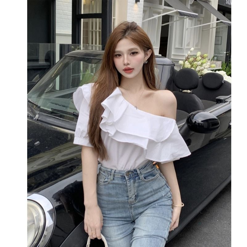 Elegant Long Sleeve Womens Shirt Shoulder Bared French Design Lotus Leaf Edge Spring Autumn Short Top Commute City Style Pink  - Image 5